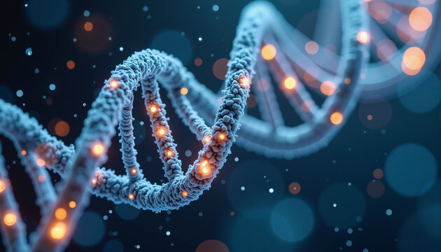 s a 3D rendering of a DNA double helix against a dark background with bokeh lights