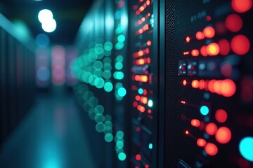 Macro shot of blinking server LEDs with shallow depth of field