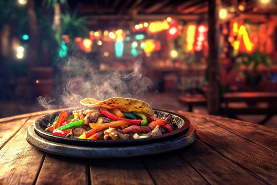 Delicious fajitas on a rustic wooden table.
