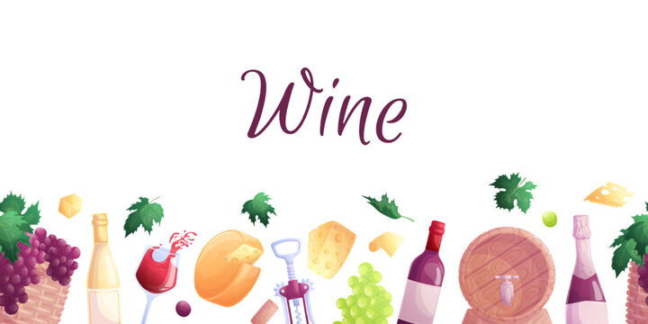 Seamless border of elements for vineyards and wine on a white background. Bottles, glasses, cheese, grapes, corkscrew, wooden barrel, basket. Isolated vector illustrations for posters, banners, web