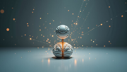 s a 3D rendering of a brain on top of a table with a blue background. The brain is in the center of the image and is surrounded by a few dots