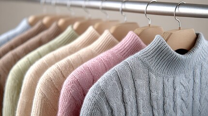 Sweaters line-up on hangers, soft pastel colors, cozy wardrobe arrangement
