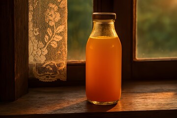 Sunlight Gradient Reflected on a Traditional Drink Bottle Left by a Wooden Kitchen Window_2