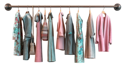 Garments hang on a rack, displaying textures, colors, and styles