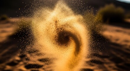 Swirl of sand particles suspended in air, blurred desert background, golden light
