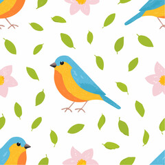 Bird flower pattern. Seamless floral vector spring background. Crayon wallpaper garden design. Abstract bird animal plant leaf flower print. 