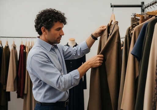 Stylish man shopping, browsing clothes in a modern boutique. Focused male customer selecting a sophisticated brown coat from a curated clothing rack, retail, fashion.