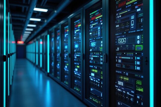Row of illuminated server racks in a dark data center