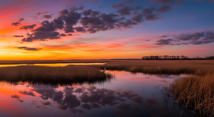 Fototapeta premium Vivid sunset paints the sky over a marshy landscape, reflecting in calm water.