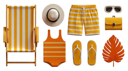 Orange & white beach essentials overhead chair, suit, leaf, more