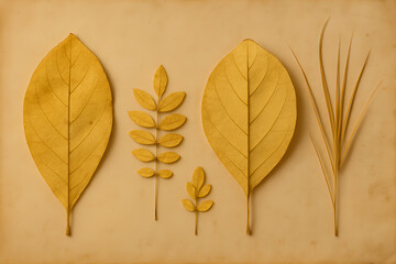 Series of Dried Tropical Leaves (Monochrome Pale-Yellow) on Aged Archive Paper_3