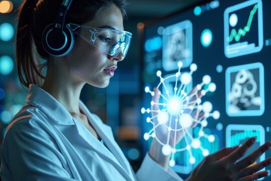 Female Research Lab Scientist Immersed in Advanced Technology, Analyzing Molecular Structures with Focus - Powered by Adobe