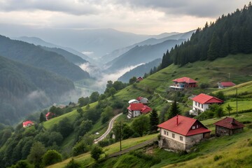 Picturesque village nestled in lush green mountain valley with foggy haze
