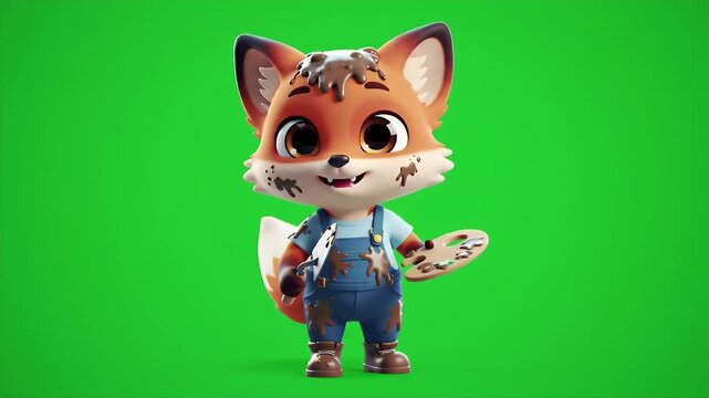 Charming Cartoon Fox Mascot Animation with Muddy Blue Overalls and Paint Palette Isolated on Green Screen Background Perfect for Educational Content Stock Video Footage
