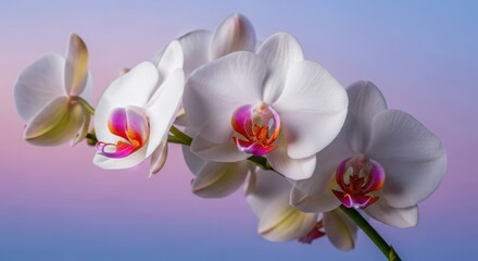 Ai generated image of closeup of a delicate white orchid with pink and yellow accents