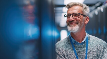 Fototapeta premium A middle-aged man with grey hair wearing glasses and a sweater sits behind glowing blue computer server racks,
