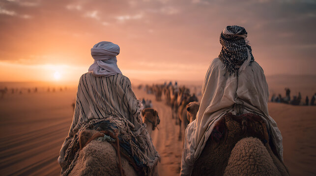 Desert camel caravan travel at sunset with bedouin guides in sahara morocco tourism adventure journey trip sand
