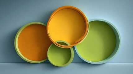 Abstract arrangement of nested circles in varying shades of orange, yellow-green, and light blue