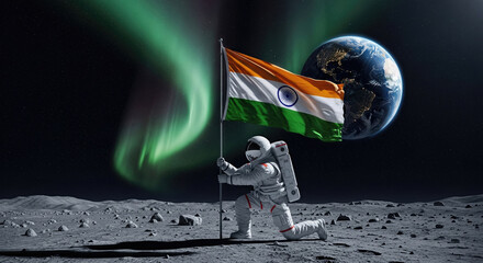 Independence day India astronaut plants tricolor flag on moon with Earth in backdrop