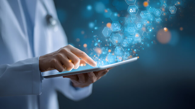 Doctor using tablet with futuristic medical icons and glowing particles - Powered by Adobe