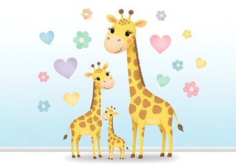 Fototapeta premium Adorable cartoon illustration of a giraffe family with hearts and flowers, a loving scene.