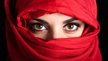 Enigmatic Eyes Framed by Scarlet Veil