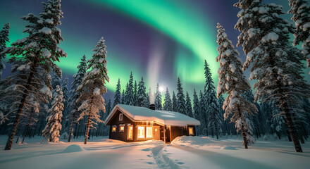 A cozy cabin illuminated by warm light under vibrant aurora borealis, nestled amongst snow-covered trees.
