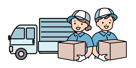 トラックと作業員の男女　配送　スタッフ　引越し　上半身