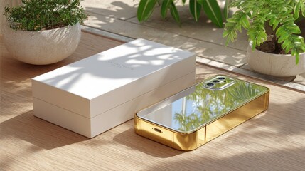 Gold smartphone in white box, plants