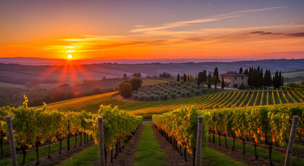 Fototapeta premium Golden sunset bathes a vineyard, illuminating rows of grapevines and Tuscan landscape.