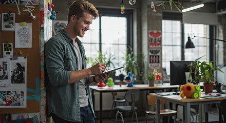 Creative Flow: Young Designer Smiling While Sketching on a Tablet in a Loft Studio