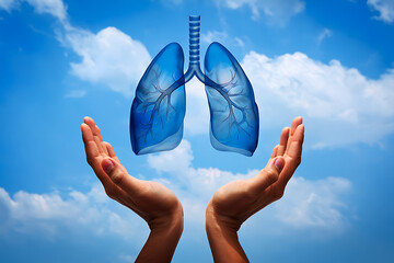 Human hands cradle blue translucent lungs against sky