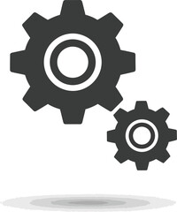 Two dark grey gears, one large and one small, interlocked and casting a shadow on a white background, symbolizing teamwork and industry
