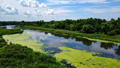 Fototapeta premium Serene river landscape with algae