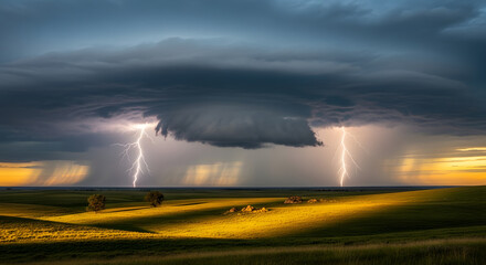 Dramatic storm clouds over a golden prairie landscape, with lightning striking.