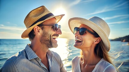A happy couple laughing together on a sunny beach vacation, wearing hats and sunglasses with the ocean in the background