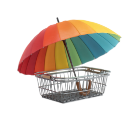 Shopping basket with colorful umbrella market still life bright atmosphere view isolated on transparent background, png