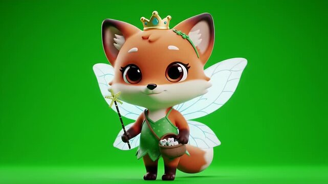 Charming Fox Fairy Princess Cartoon Character with Magic Wand and Basket of Eggs Against a Green Screen Perfect for Animation Compositing Stock Footage and Creative Projects in High Definition