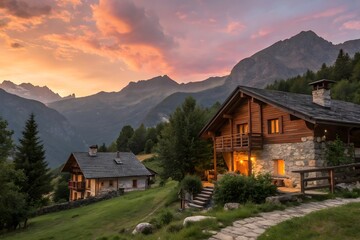 Obraz premium Cozy mountain chalets nestled in a valley at sunset