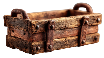 Rustic wooden crate with metal straps and handles, slightly aged appearance