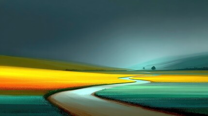 Winding road through vibrant fields under a dramatic sky
