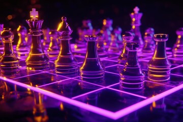 A chessboard with vibrant neon lighting.