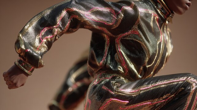 Close-up view of dynamic jumpsuit featuring glossy polyurethane and neon details