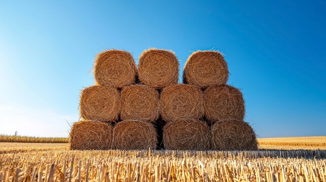 Pyramid stack of straw bales under clear deep-blue sky  