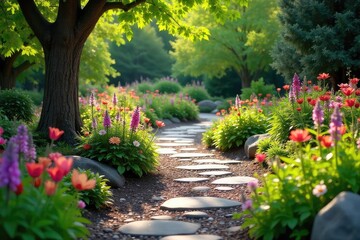Fototapeta premium A winding garden path adorned with vibrant flowers, lush greenery, and decorative stones, creating a picturesque scene perfect for relaxation and contemplation , flora, charming