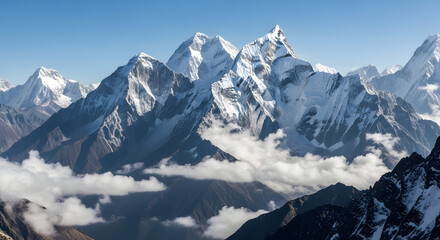 Obraz premium Majestic snow-capped Himalayan peaks rise above a sea of clouds under a clear blue sky.