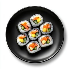 Sushi on a black plate, top view