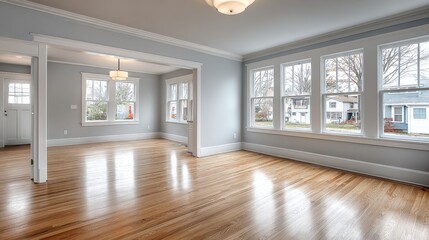 Fototapeta premium Bright and Spacious Living Room with Hardwood Floors, Large Windows, and Open Floor Plan