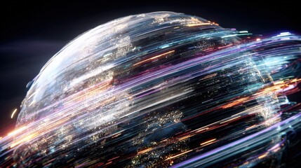 Abstract Earth Globe with Light Trails: Global Network, Technology, and Futuristic Communication Concept