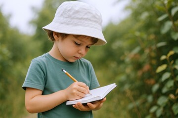 Young Boy Explorer Engaged in Nature Journaling, Wearing Bucket Hat and Holding Pencil Outdoors